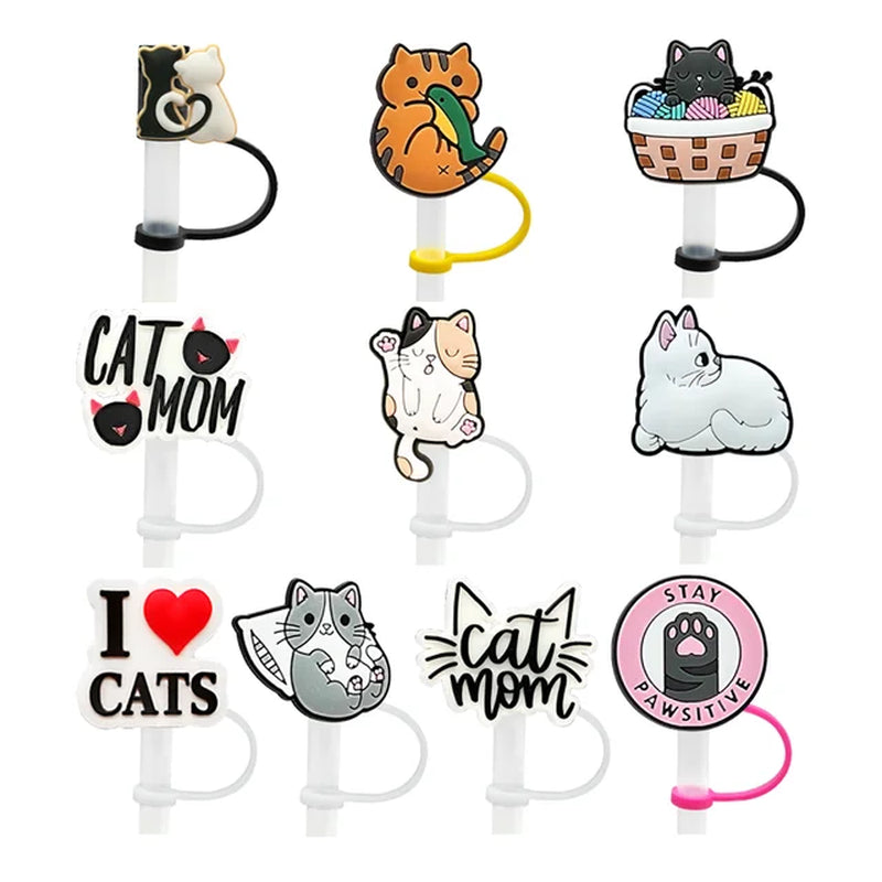 10PCS Cat Series Silicone Straw Cover Cap, 10Mm Straw Topper for Drinking Cup Decoration, Party Supplies Dustproof Straw Tips