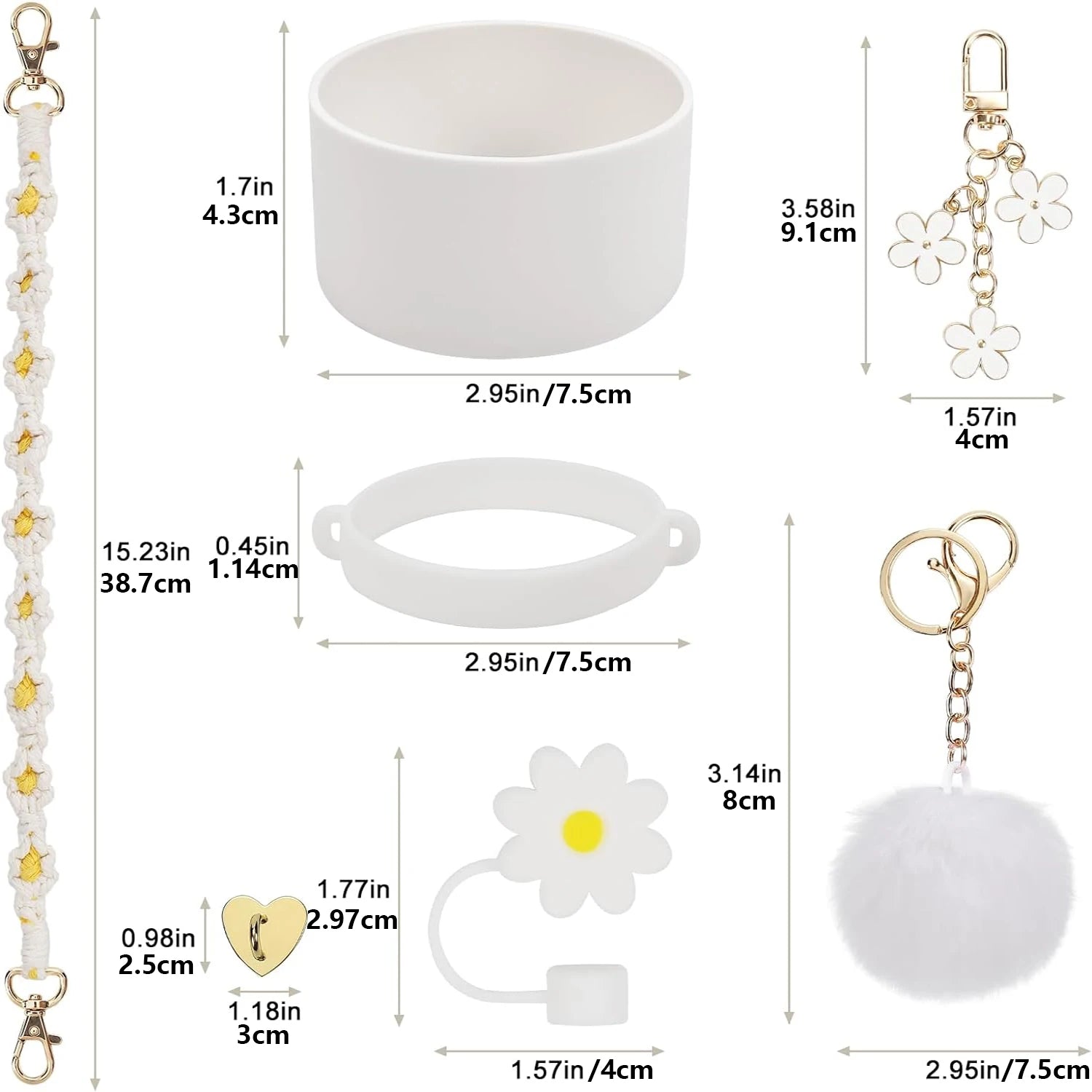 7Pcs for Stanley Cup Accessory Set Includes 1 Water Bottle Handle Strap, 1 Cup Cover, 1 Fixed Cup Cover, 1Straw Cover, 3 Charms