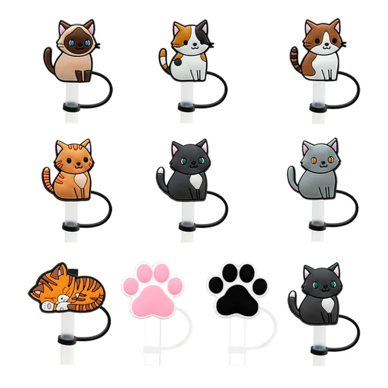 10PCS Cat Series Silicone Straw Cover Cap, 10Mm Straw Topper for Drinking Cup Decoration, Party Supplies Dustproof Straw Tips