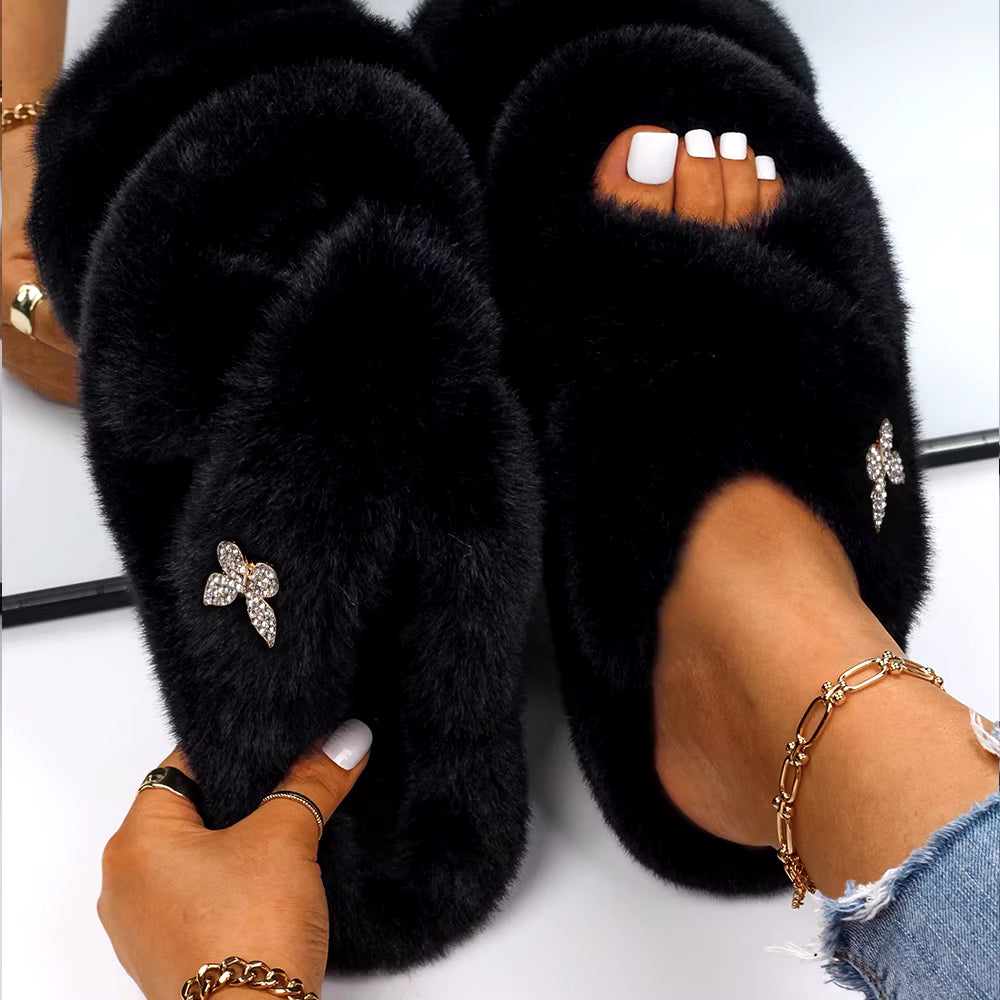 Furry Slippers Fur Slides Faux Fur Flip Flops Cute Ladies Butterfly Home Slippers Platform Soft Sandals Flats Winter Shoes 2022