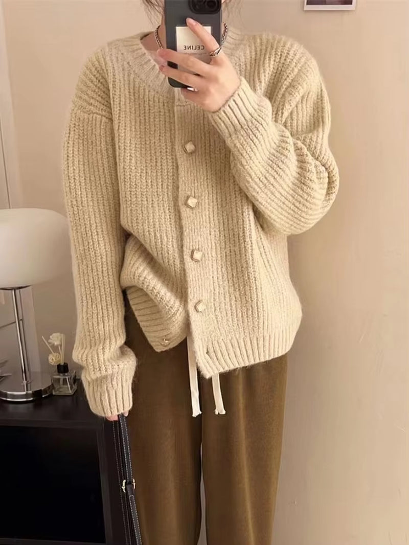 Women Korean Soft Cardigan Sweaters Casual Loose Long Sleeve Knitted Tops Sweet O Neck Single Breasted Female Yellow Coats