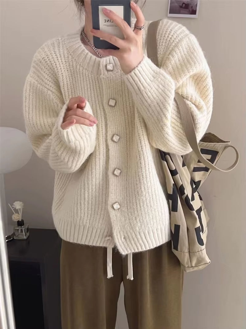 Women Korean Soft Cardigan Sweaters Casual Loose Long Sleeve Knitted Tops Sweet O Neck Single Breasted Female Yellow Coats