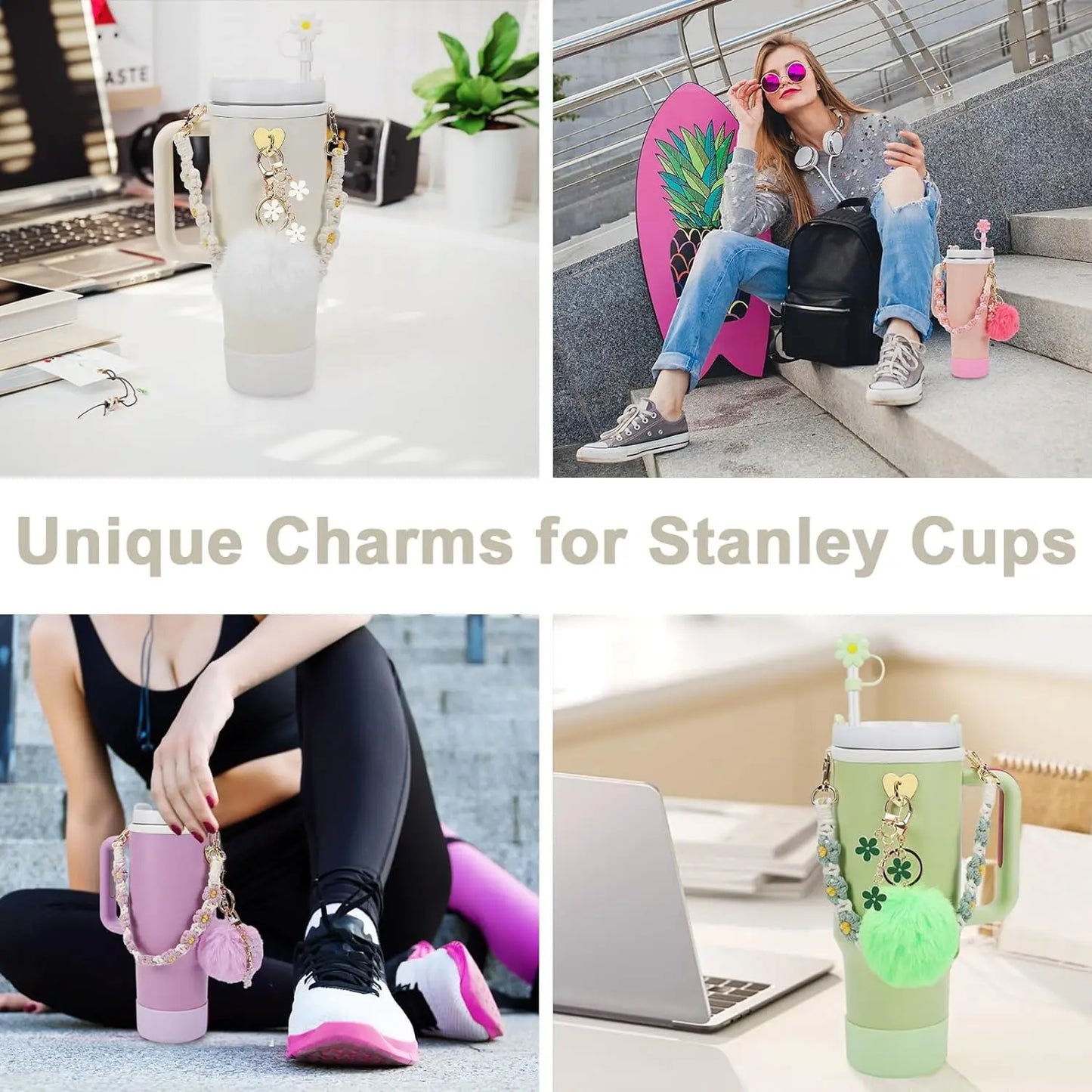 7Pcs for Stanley Cup Accessory Set Includes 1 Water Bottle Handle Strap, 1 Cup Cover, 1 Fixed Cup Cover, 1Straw Cover, 3 Charms