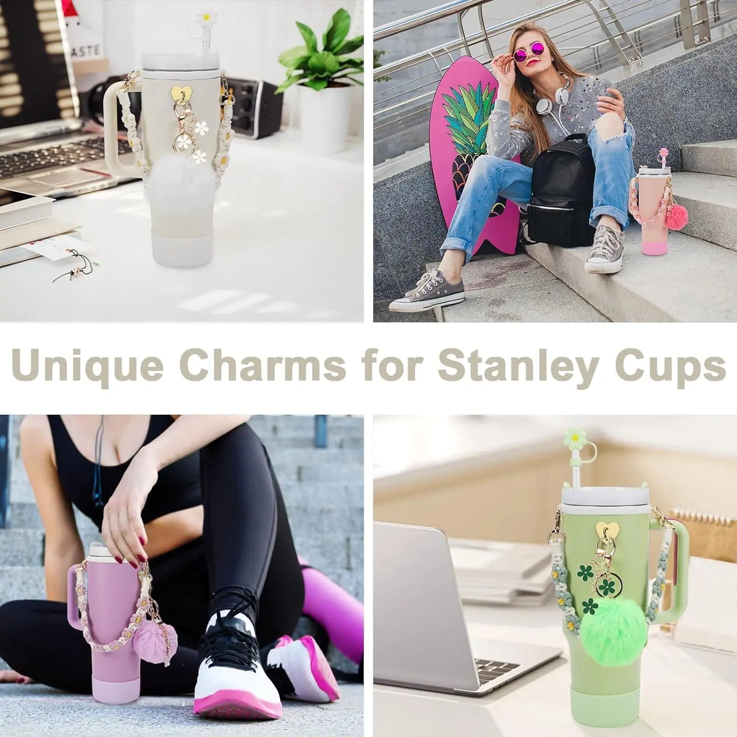 7Pcs for Stanley Cup Accessory Set Includes 1 Water Bottle Handle Strap, 1 Cup Cover, 1 Fixed Cup Cover, 1Straw Cover, 3 Charms