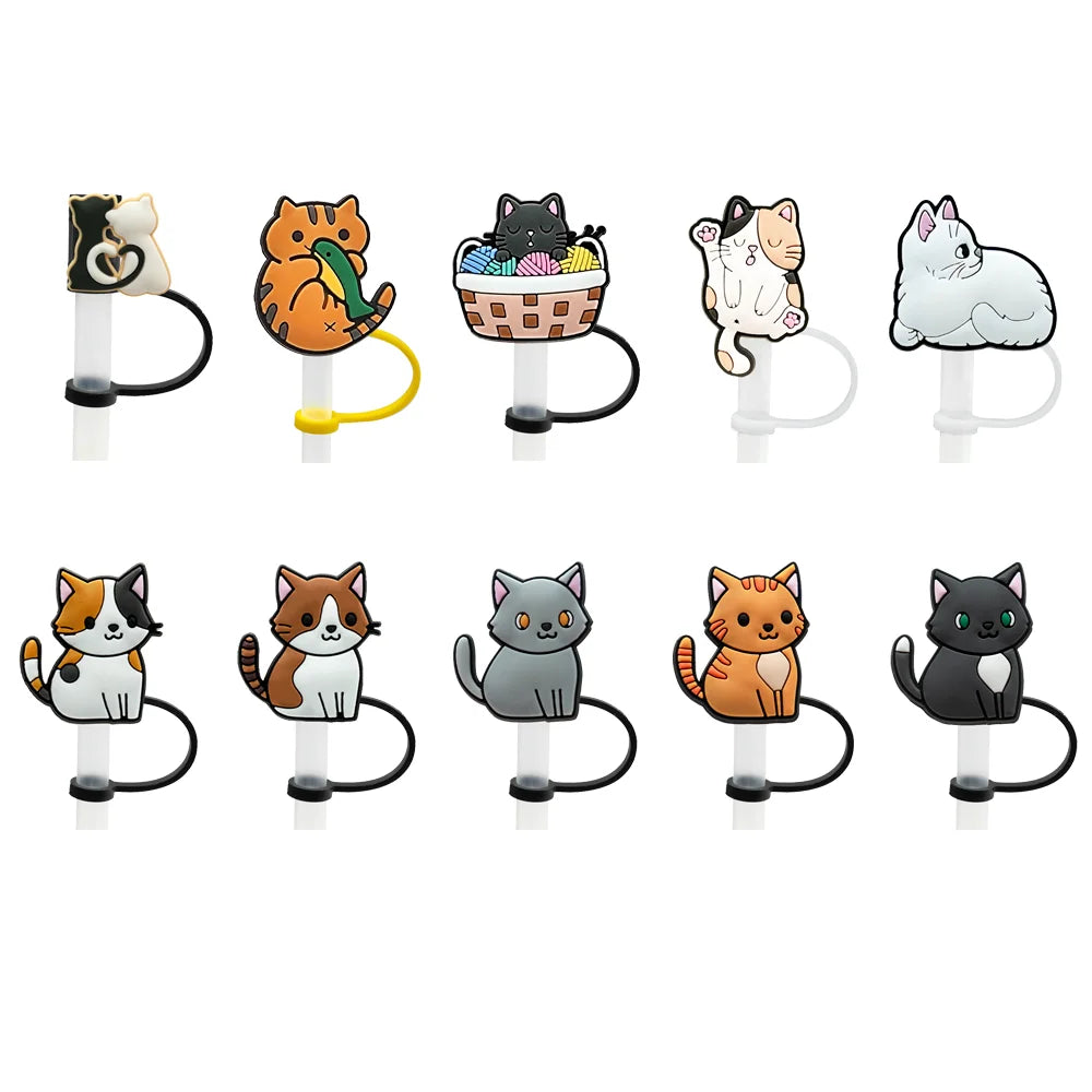 10PCS Cat Series Silicone Straw Cover Cap, 10Mm Straw Topper for Drinking Cup Decoration, Party Supplies Dustproof Straw Tips