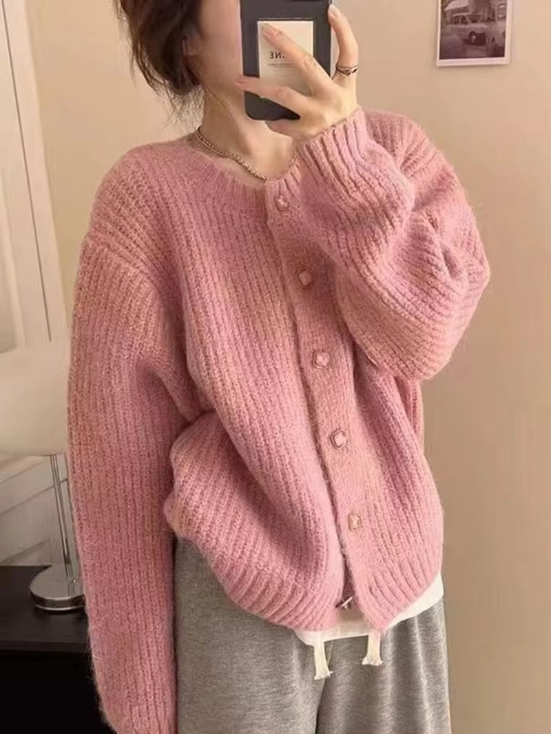Women Korean Soft Cardigan Sweaters Casual Loose Long Sleeve Knitted Tops Sweet O Neck Single Breasted Female Yellow Coats