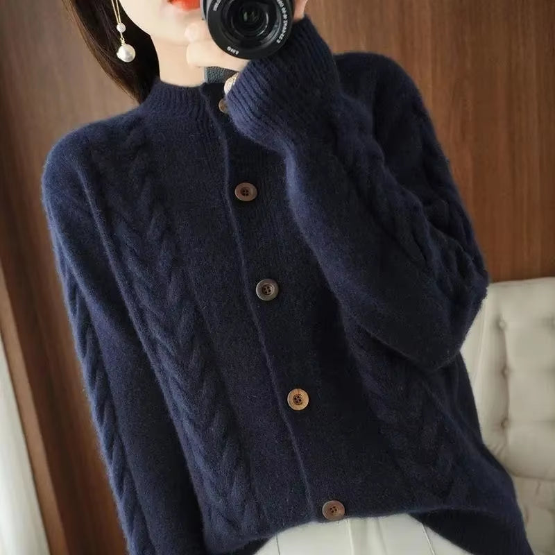 Half High Collar Twists Knitted Cardigan Autumn and Winter High-End Casual Loose Versatile Long Sleeved Base Sweater for Women