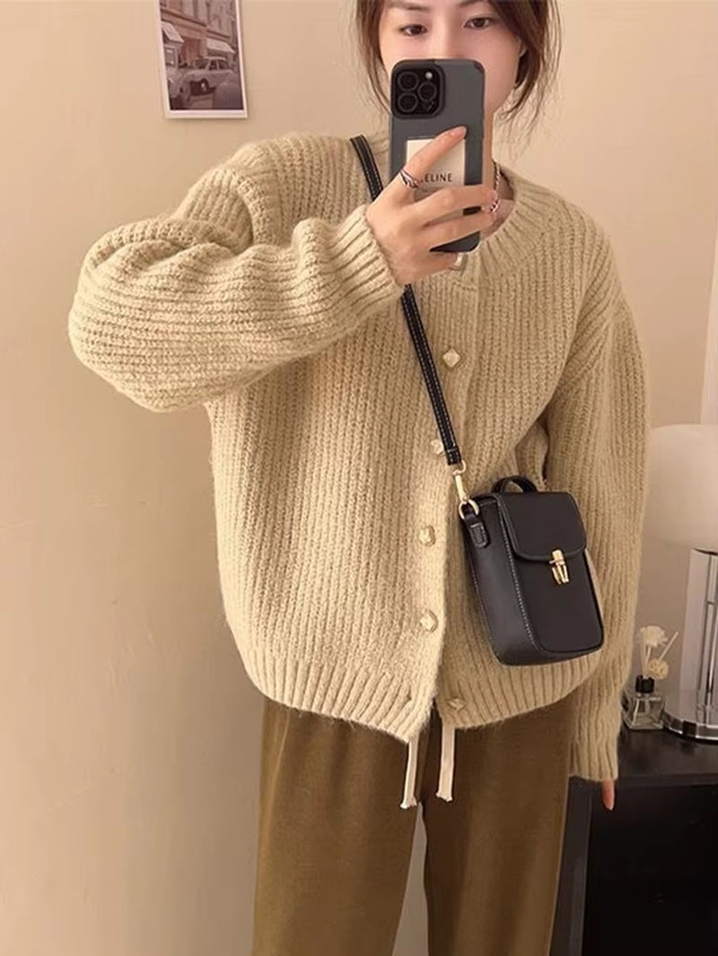 Women Korean Soft Cardigan Sweaters Casual Loose Long Sleeve Knitted Tops Sweet O Neck Single Breasted Female Yellow Coats