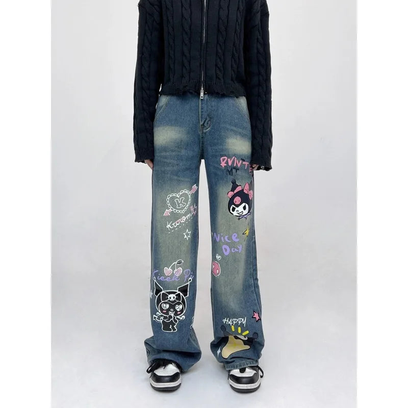 Sanrio Kuromi Printed Retro Wide Leg Jeans High Waist Button Sreetwear Denim Trousers Loose Straight Harajuku Pants for Women
