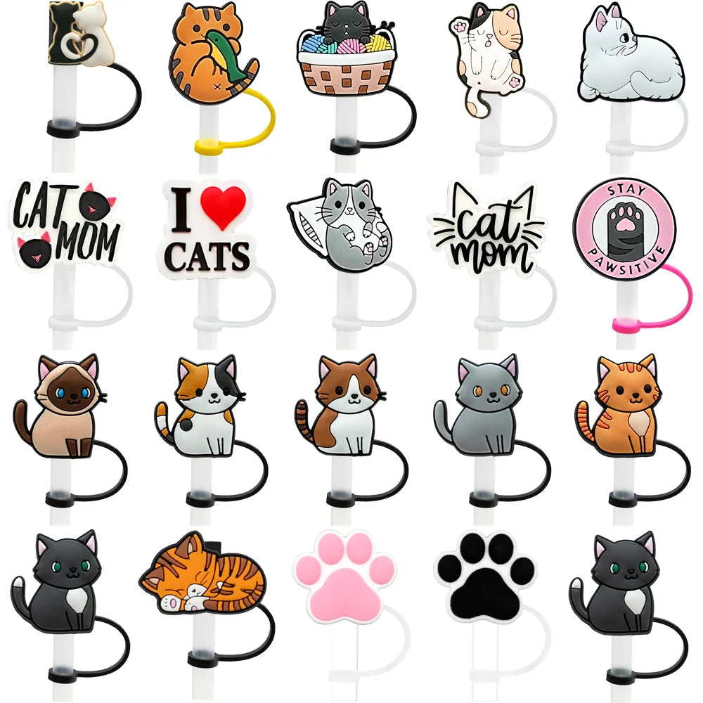 10PCS Cat Series Silicone Straw Cover Cap, 10Mm Straw Topper for Drinking Cup Decoration, Party Supplies Dustproof Straw Tips