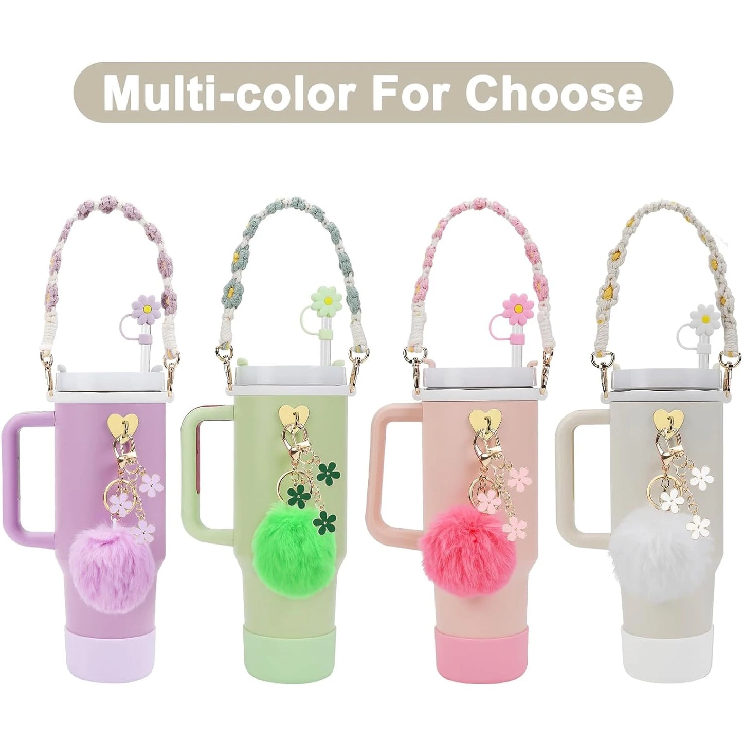 7Pcs for Stanley Cup Accessory Set Includes 1 Water Bottle Handle Strap, 1 Cup Cover, 1 Fixed Cup Cover, 1Straw Cover, 3 Charms