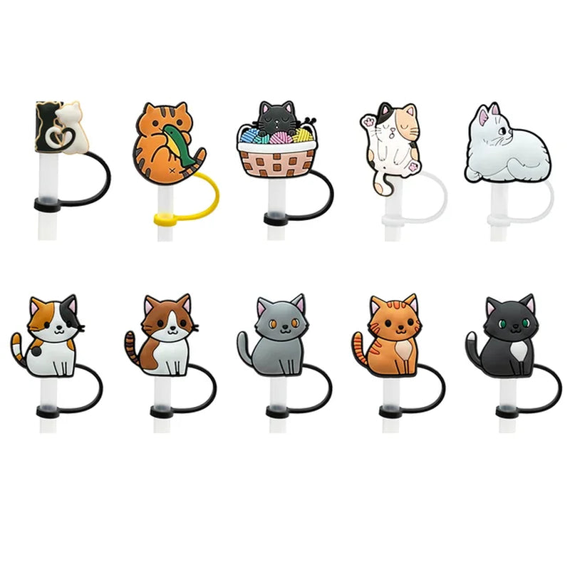 10PCS Cat Series Silicone Straw Cover Cap, 10Mm Straw Topper for Drinking Cup Decoration, Party Supplies Dustproof Straw Tips