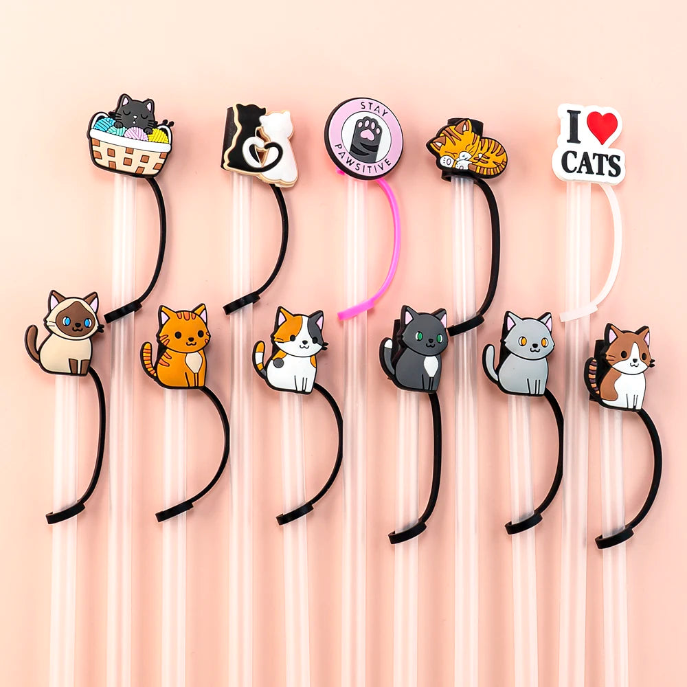 10PCS Cat Series Silicone Straw Cover Cap, 10Mm Straw Topper for Drinking Cup Decoration, Party Supplies Dustproof Straw Tips