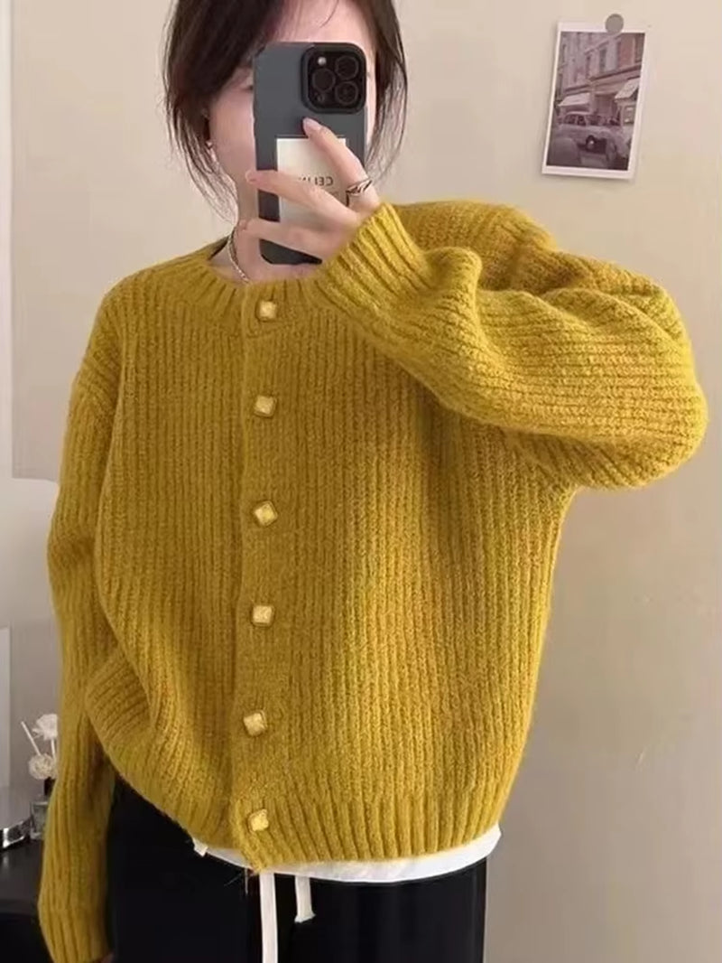 Women Korean Soft Cardigan Sweaters Casual Loose Long Sleeve Knitted Tops Sweet O Neck Single Breasted Female Yellow Coats