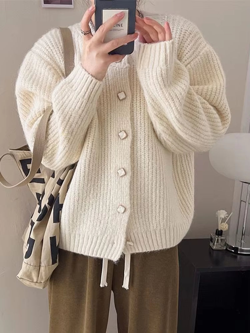 Women Korean Soft Cardigan Sweaters Casual Loose Long Sleeve Knitted Tops Sweet O Neck Single Breasted Female Yellow Coats