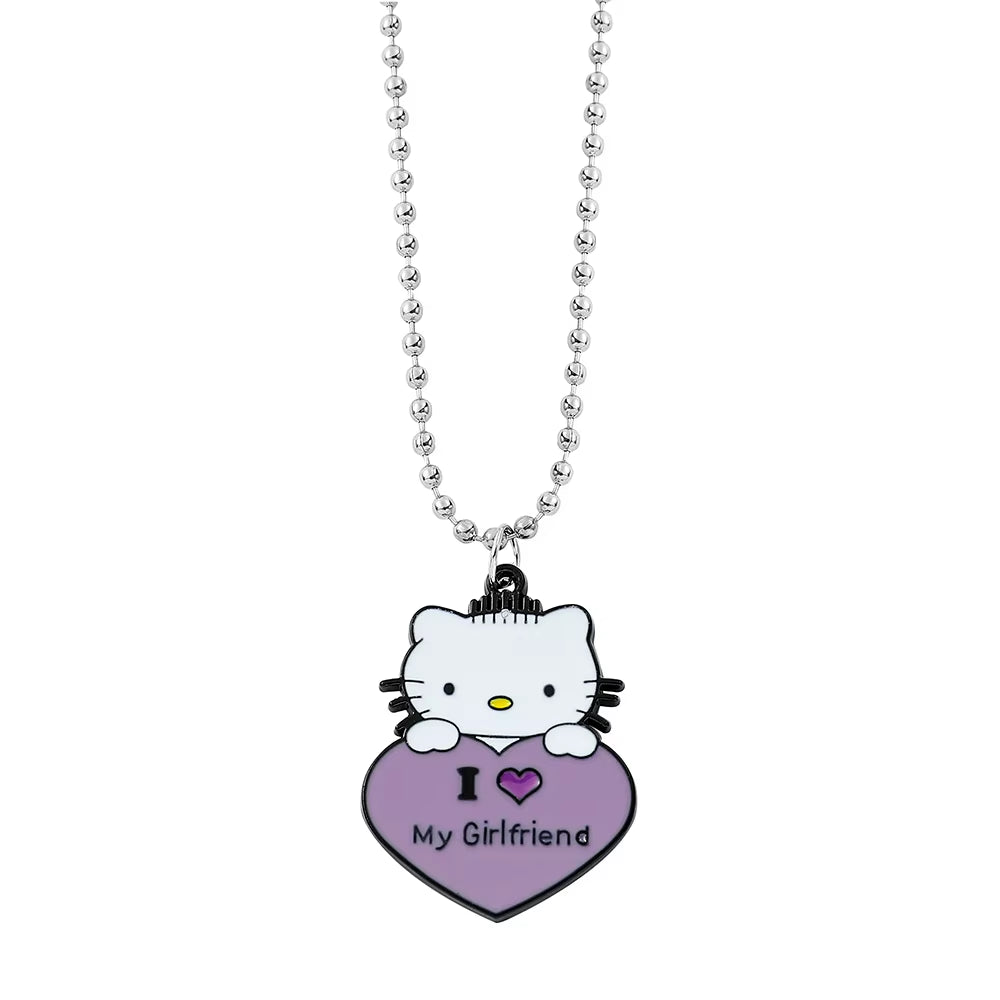 Hello Kitty Couple Pendant Necklace I Love My Boyfriend Girlfriend Necklace Kawaii Sanrio KT Cat Neck Chains for Valentines Gift