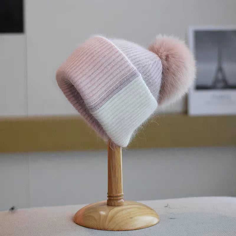 True Fox Hair Ball Knitted Hat for Women'S Autumn and Winter Versatile Ear Protection Rabbit Hair Colored Knitted Hat