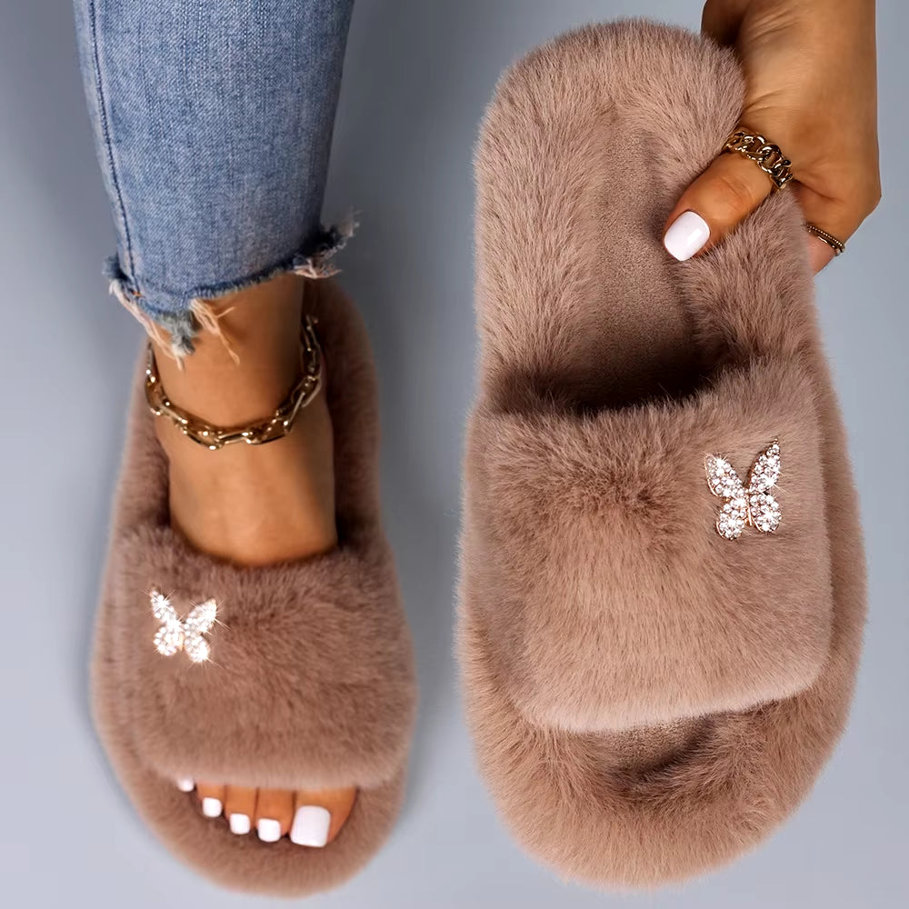 Furry Slippers Fur Slides Faux Fur Flip Flops Cute Ladies Butterfly Home Slippers Platform Soft Sandals Flats Winter Shoes 2022