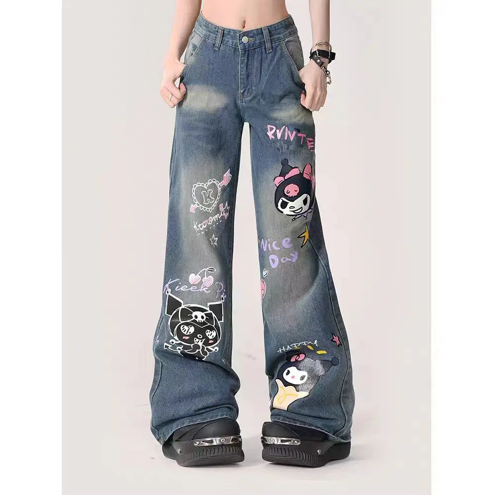 Sanrio Kuromi Printed Retro Wide Leg Jeans High Waist Button Sreetwear Denim Trousers Loose Straight Harajuku Pants for Women