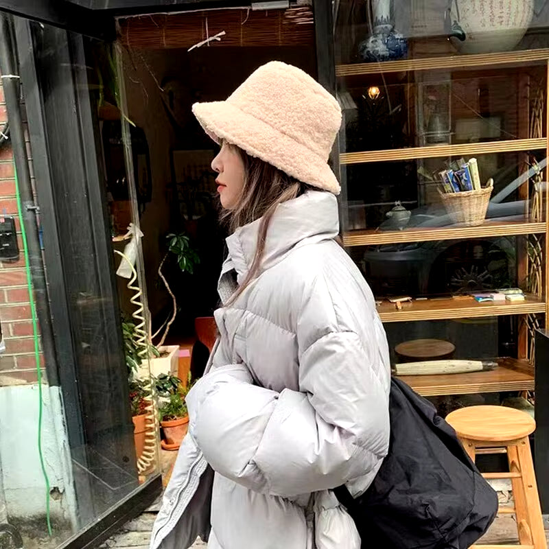 Unisex Harajuku Bucket Hat Solid Men Fishing Fisherman Hat Autumn Winter Lamb Wool Outdoor Warm Panama Cap for Women