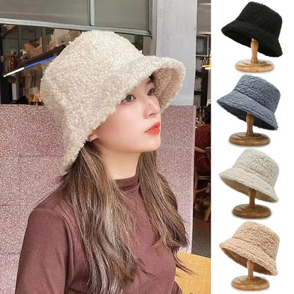 Unisex Harajuku Bucket Hat Solid Men Fishing Fisherman Hat Autumn Winter Lamb Wool Outdoor Warm Panama Cap for Women