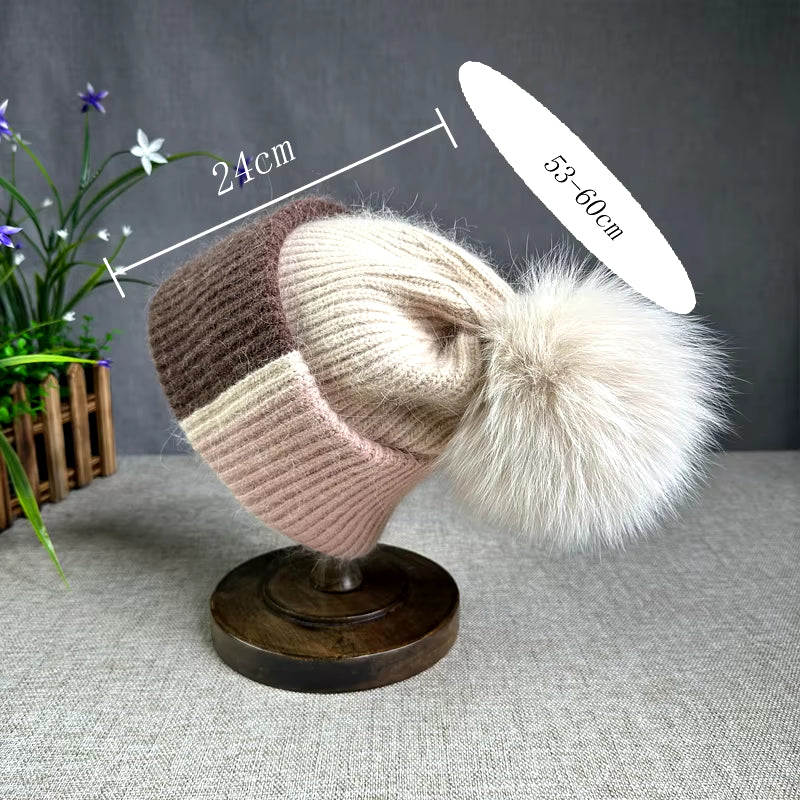 True Fox Hair Ball Knitted Hat for Women'S Autumn and Winter Versatile Ear Protection Rabbit Hair Colored Knitted Hat