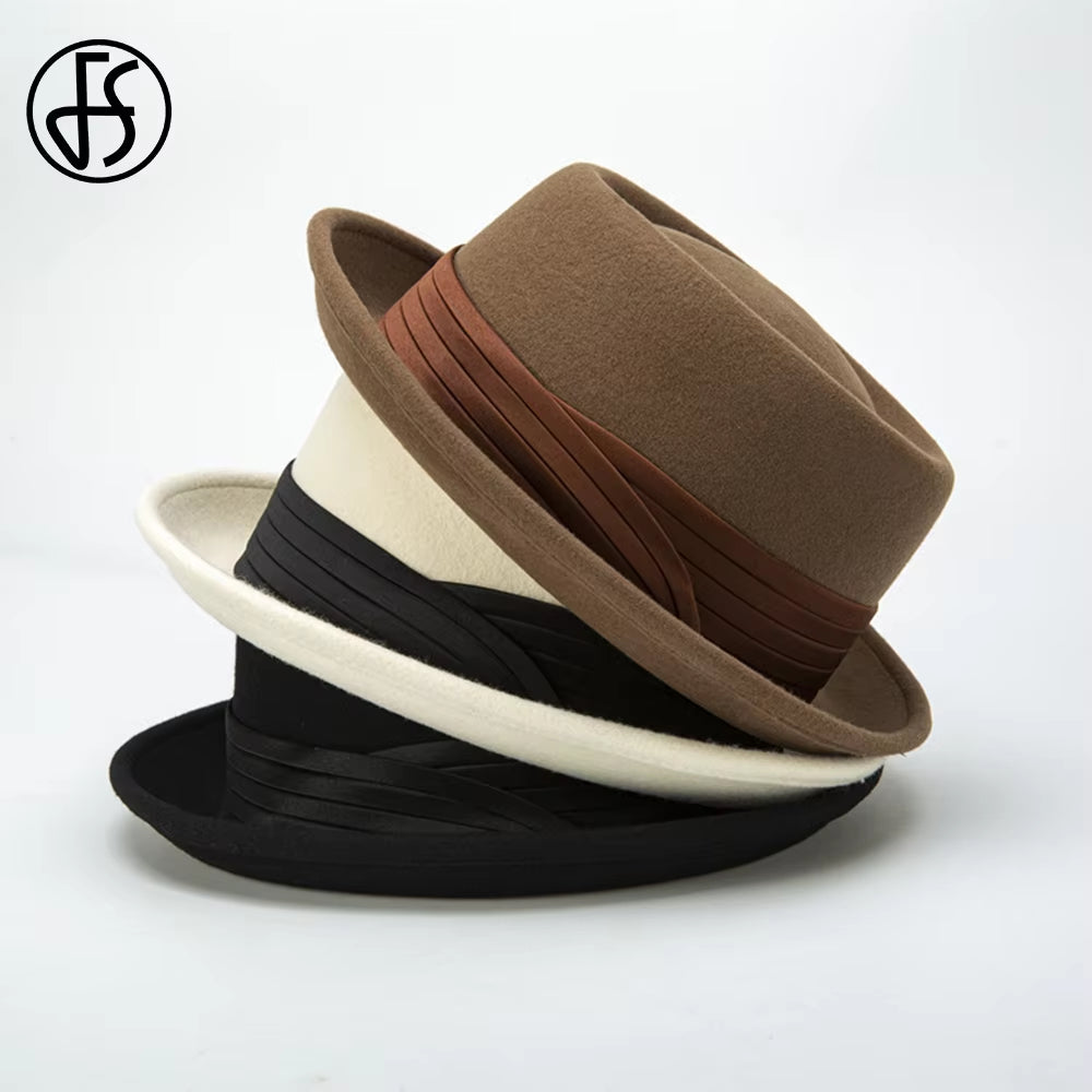 2023 Roll Brim Black Pork Pie Hat for Men Ivory White Wool Fedoras Deep Camel Jazz Cap Church Panama Gangsters Caps Gentlemen