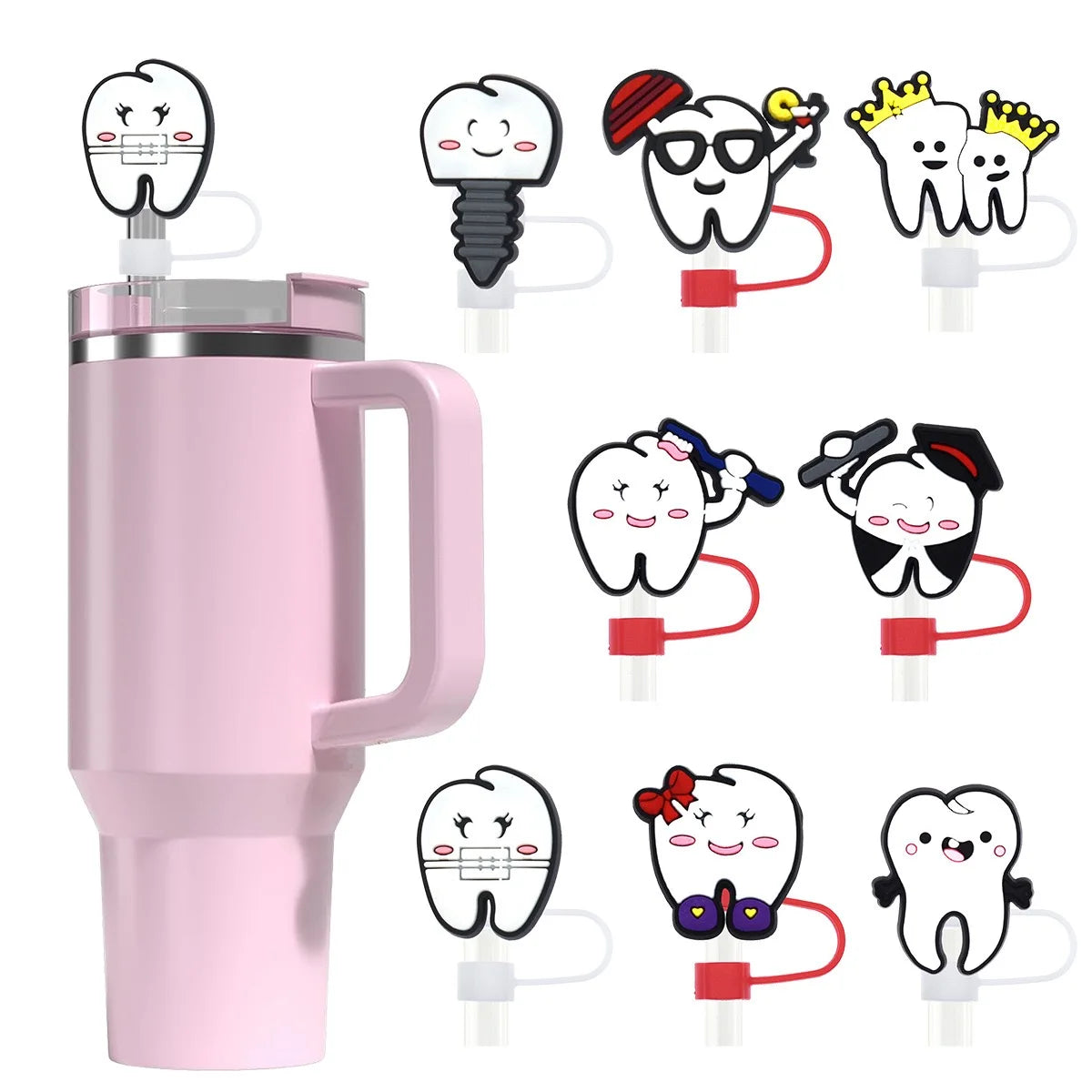 8PCS Cute Cartoon Tooth Straw Covers Cap Compatible with Stanley or any 10mm Straw