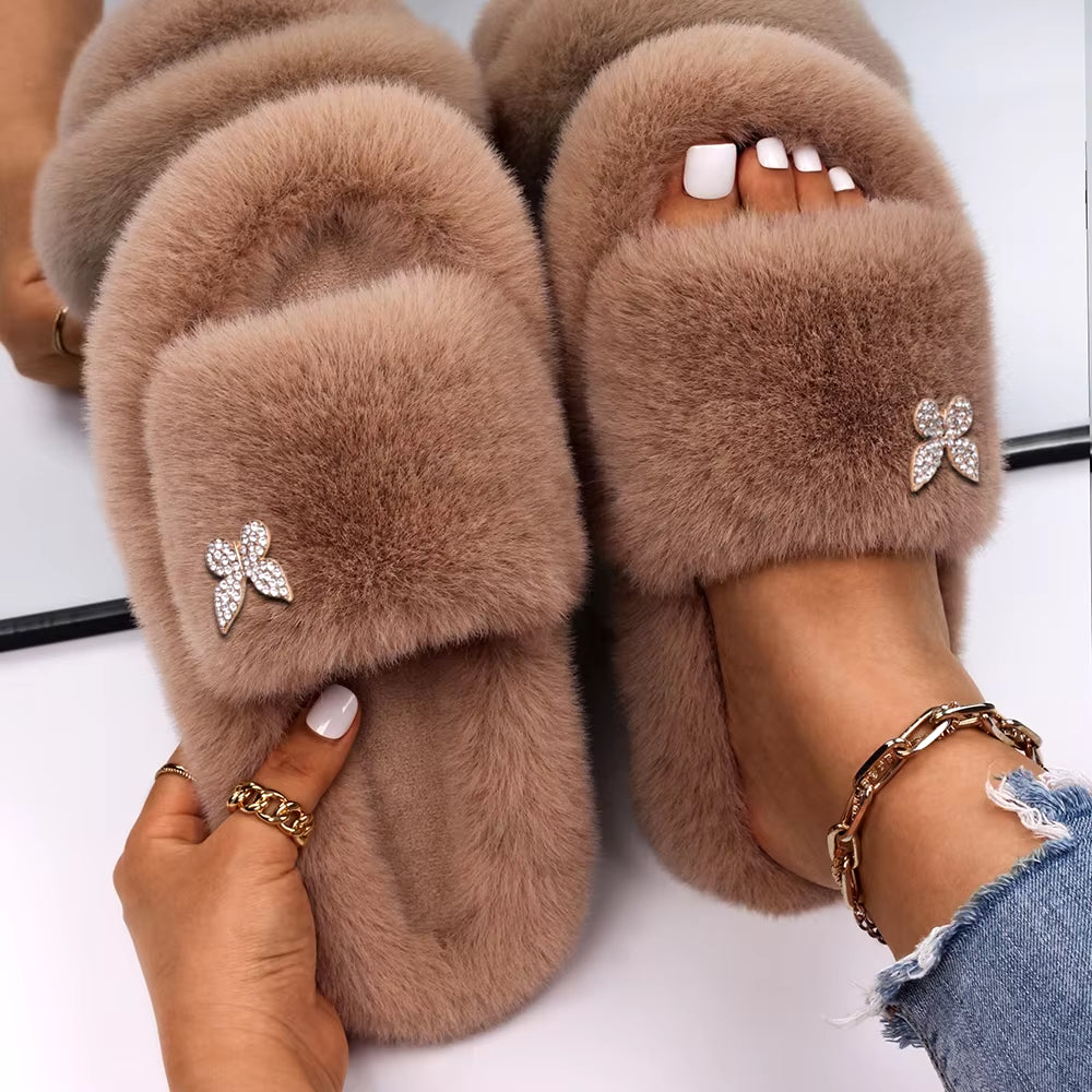 Furry Slippers Fur Slides Faux Fur Flip Flops Cute Ladies Butterfly Home Slippers Platform Soft Sandals Flats Winter Shoes 2022