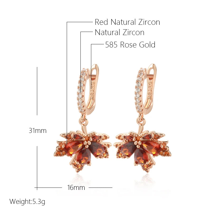 Original Design Shiny Red Natural Zircon Maple Leaf Earrings for Women Fashion 585 Rose Gold Color Fall Daily Fine Jewelry