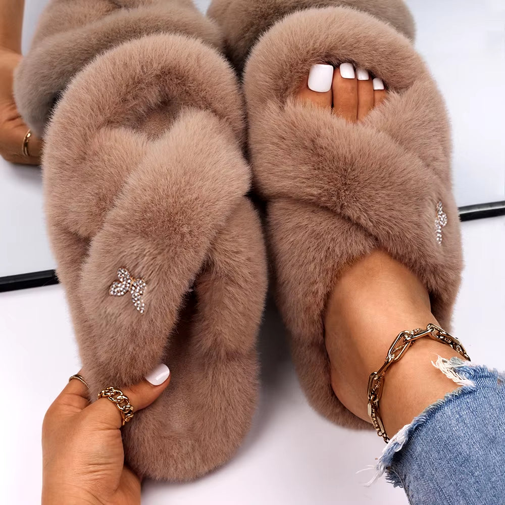 Furry Slippers Fur Slides Faux Fur Flip Flops Cute Ladies Butterfly Home Slippers Platform Soft Sandals Flats Winter Shoes 2022