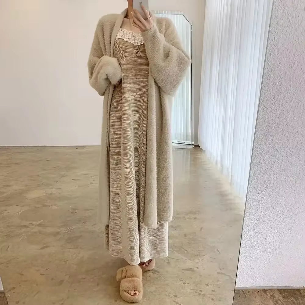 Women'S Sweater Autumn and Winter Long Mink-Like Wool Cardigan Loose Thick Mid-Length Idle Style Knitted Coat