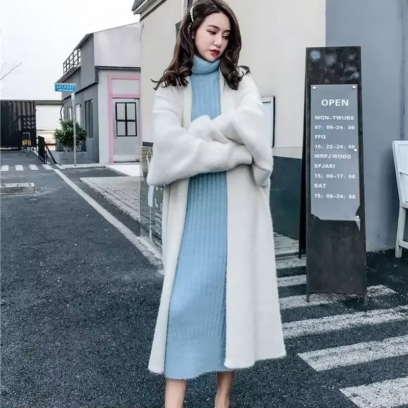 Women'S Sweater Autumn and Winter Long Mink-Like Wool Cardigan Loose Thick Mid-Length Idle Style Knitted Coat