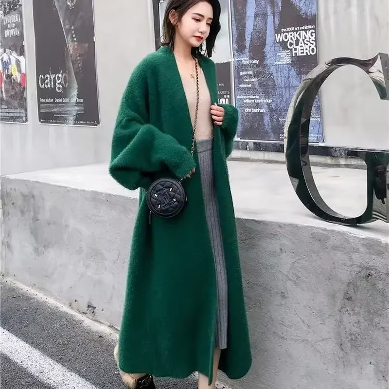 Women'S Sweater Autumn and Winter Long Mink-Like Wool Cardigan Loose Thick Mid-Length Idle Style Knitted Coat