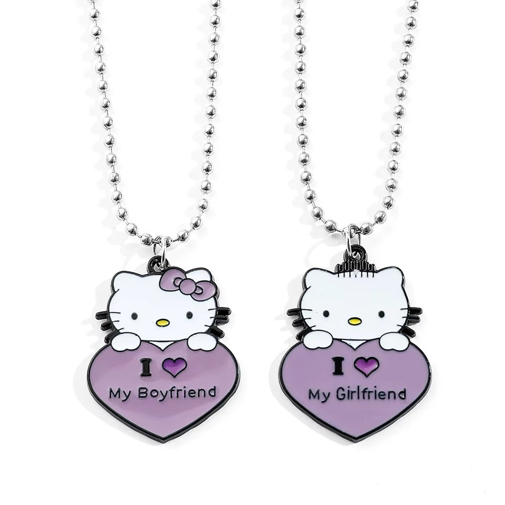 Hello Kitty Couple Pendant Necklace I Love My Boyfriend Girlfriend Necklace Kawaii Sanrio KT Cat Neck Chains for Valentines Gift