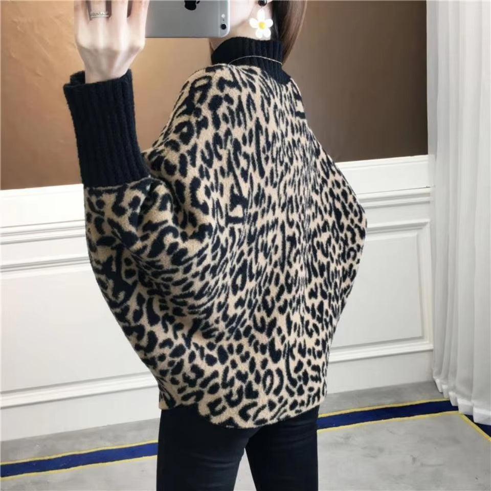 Autumn Winter New Woolen Sweater for Women High Neck Loose Pullover Knitted Bat Shirt Leopard Pattern Western Fashion Tops