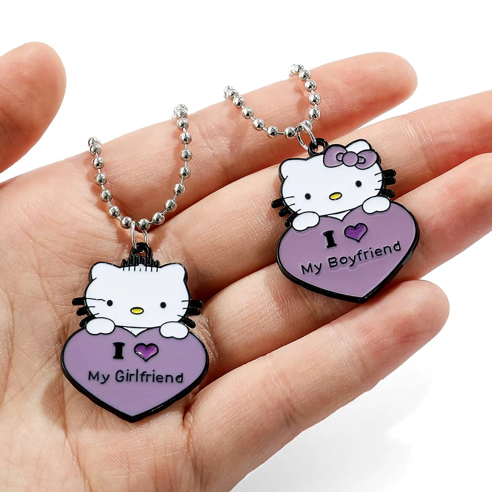 Hello Kitty Couple Pendant Necklace I Love My Boyfriend Girlfriend Necklace Kawaii Sanrio KT Cat Neck Chains for Valentines Gift