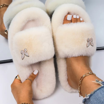 Furry Slippers Fur Slides Faux Fur Flip Flops Cute Ladies Butterfly Home Slippers Platform Soft Sandals Flats Winter Shoes 2022