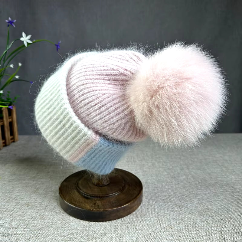 True Fox Hair Ball Knitted Hat for Women'S Autumn and Winter Versatile Ear Protection Rabbit Hair Colored Knitted Hat