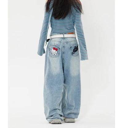 Sanrio Hello Kitty Y2K Baggy Jeans High Waist Wide Leg Pants Women American Street Retro Femme Hello Kitty Stuff Y2K Clothes