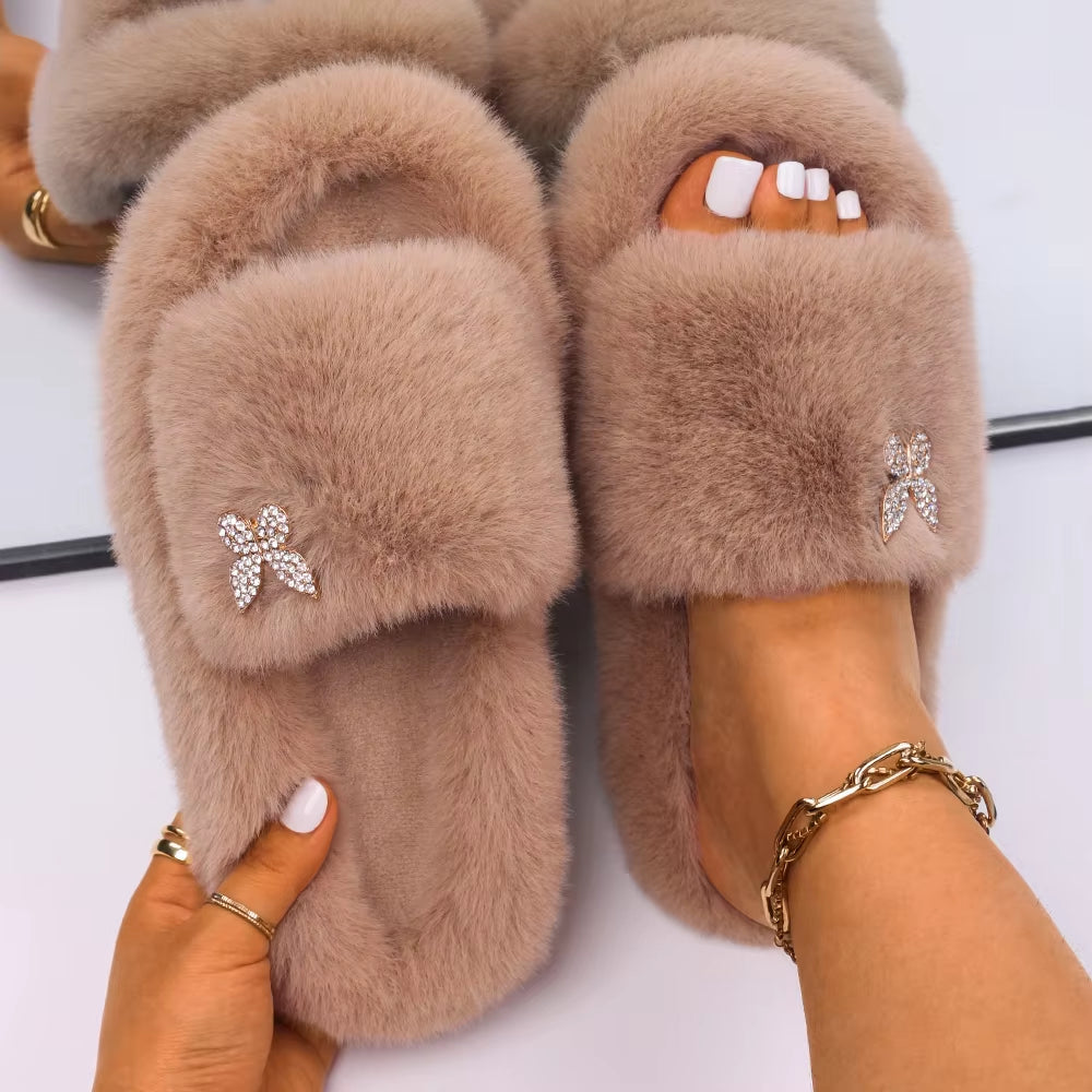 Furry Slippers Fur Slides Faux Fur Flip Flops Cute Ladies Butterfly Home Slippers Platform Soft Sandals Flats Winter Shoes 2022