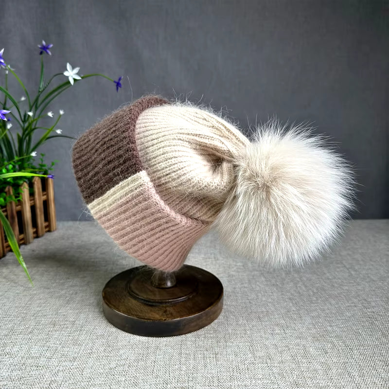 True Fox Hair Ball Knitted Hat for Women'S Autumn and Winter Versatile Ear Protection Rabbit Hair Colored Knitted Hat