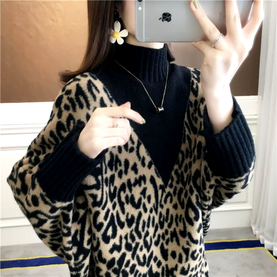 Autumn Winter New Woolen Sweater for Women High Neck Loose Pullover Knitted Bat Shirt Leopard Pattern Western Fashion Tops