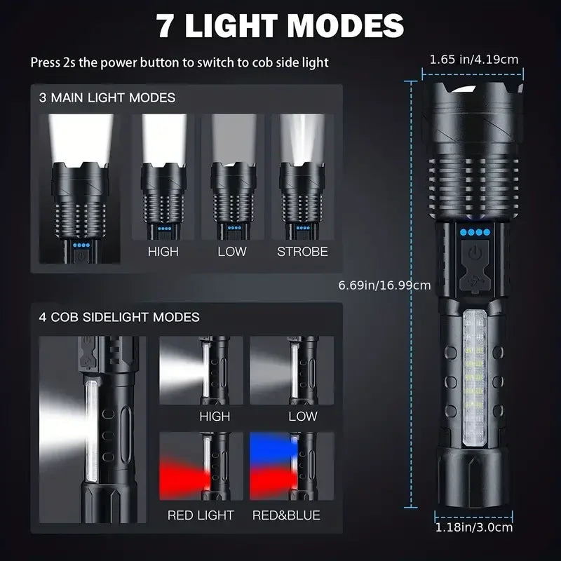 High Strong Power Led Flashlights Tactical Emergency Spotlights Telescopic Zoom Built-In Battery USB Rechargeable Camping Torch