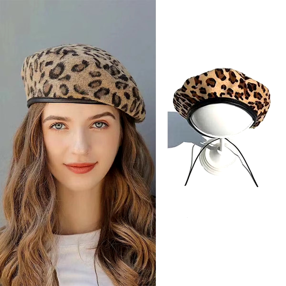 Women'S Leopard Print Hat Fashion Beret Vintage Hats Leopard Felt Hat Beanie Girls Cap French Berets with Adjustable Rope