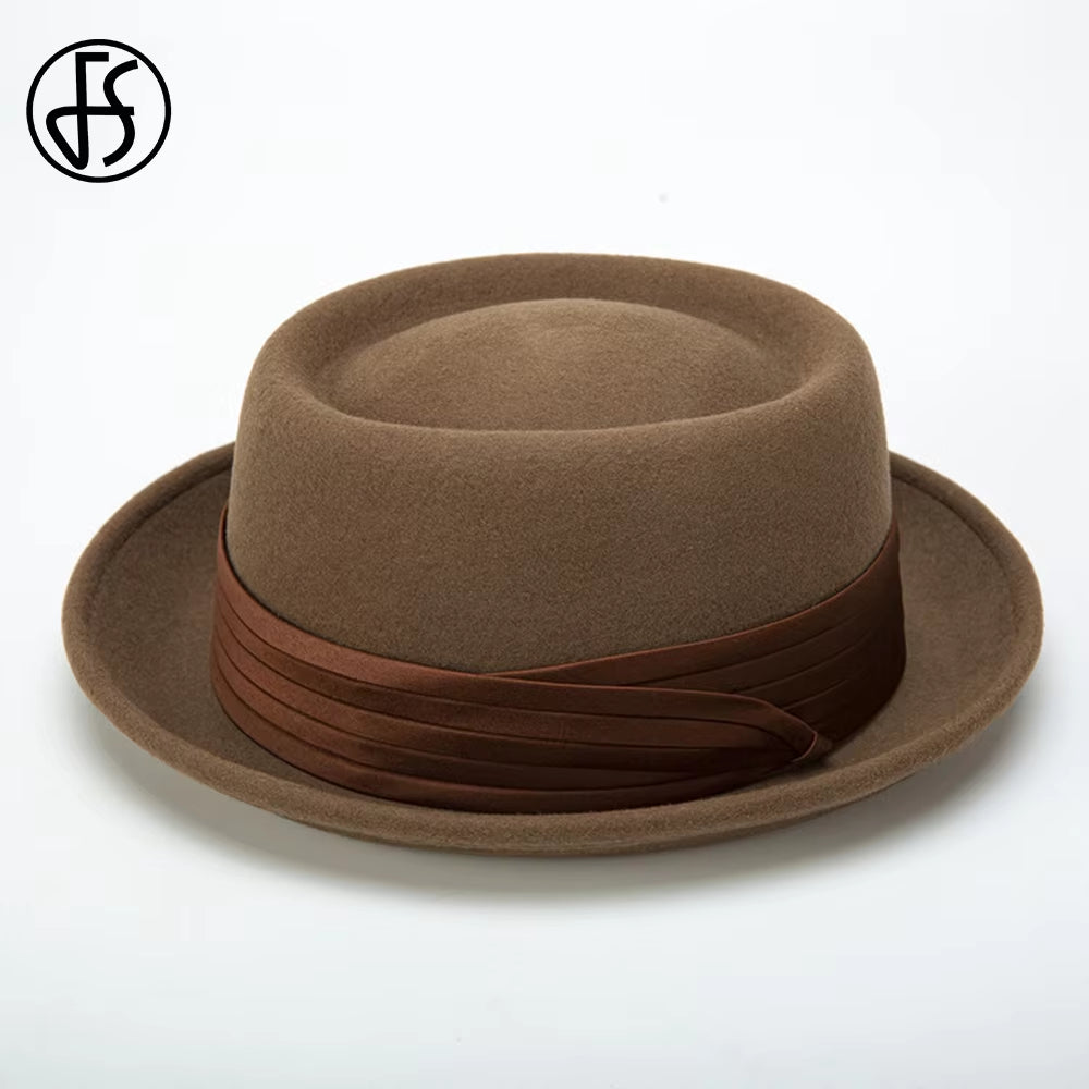 2023 Roll Brim Black Pork Pie Hat for Men Ivory White Wool Fedoras Deep Camel Jazz Cap Church Panama Gangsters Caps Gentlemen