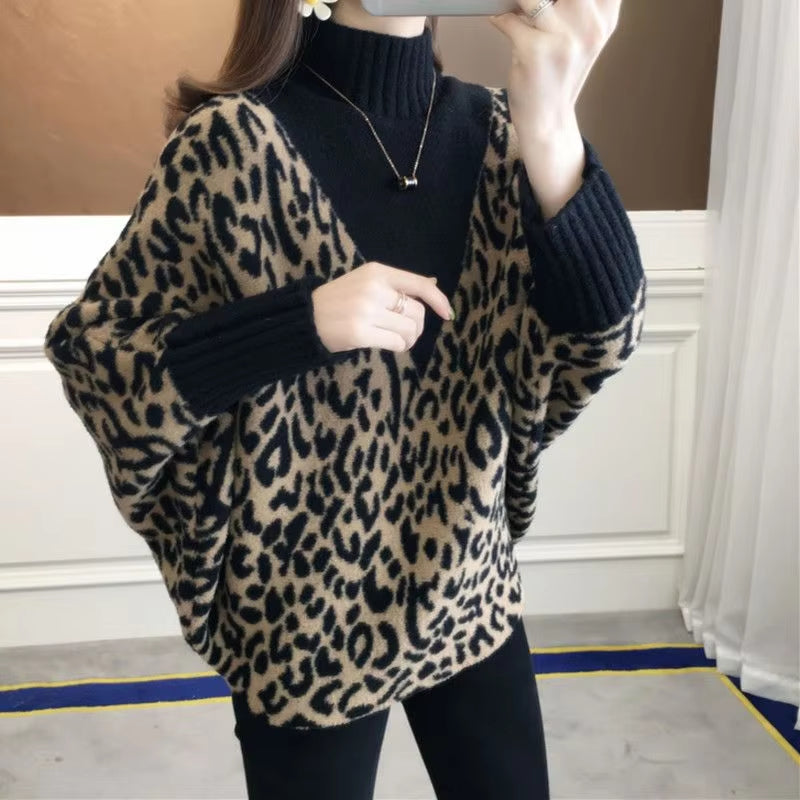 Autumn Winter New Woolen Sweater for Women High Neck Loose Pullover Knitted Bat Shirt Leopard Pattern Western Fashion Tops