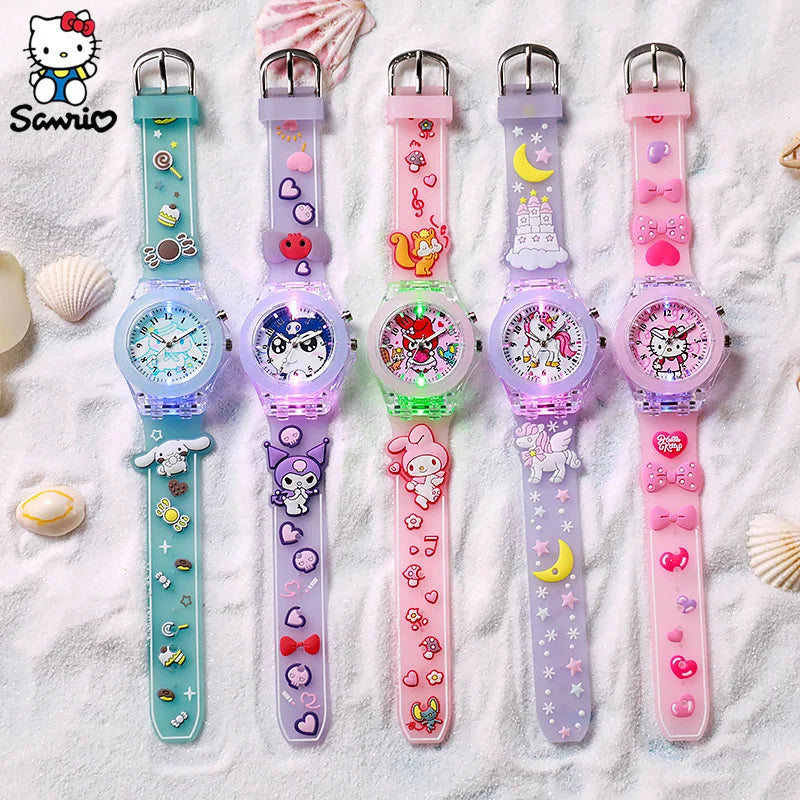 Watch Kawaii Melody Cinnamoroll Children LED Luminous Watch Kuromi Hello Kitty Student Wrist Watch Kids Birthday Gift Toy