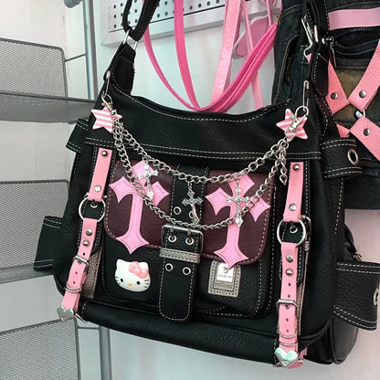 Hello Kitty Sanrio Gothic Punk Vintage Pink Cross Chains Crossbody Bags for Women Toys Hot Girl Handbag Y2K Trend Tote Bag Gift