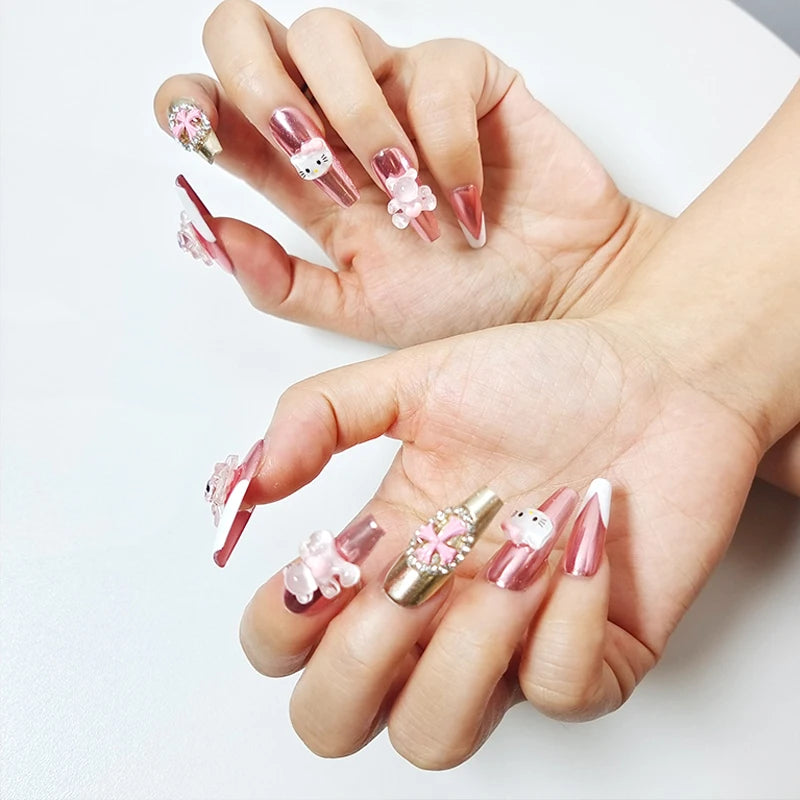 Handwork Press-On Nails Hello Kitty Cartoon Anime Cute French Manicure Fake Nail Pink Laser Glitter Shining Y2K Cool Girl Nails